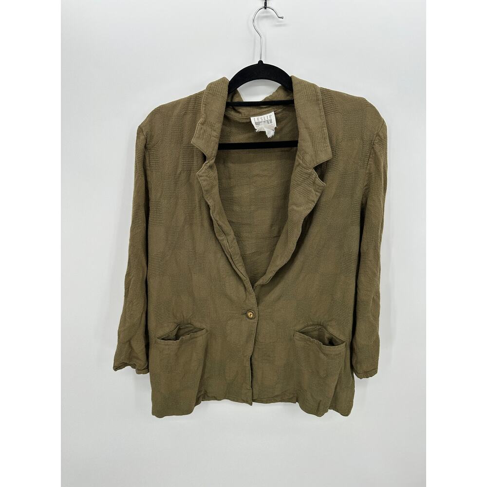 Leslie Fay Women Green Textured Cotton Knit Blazer Sz XL Pockets Vtg Sustainable